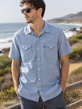 Levi’s Chambray Button Down Shirt Large Blue Short Sleeve Casual